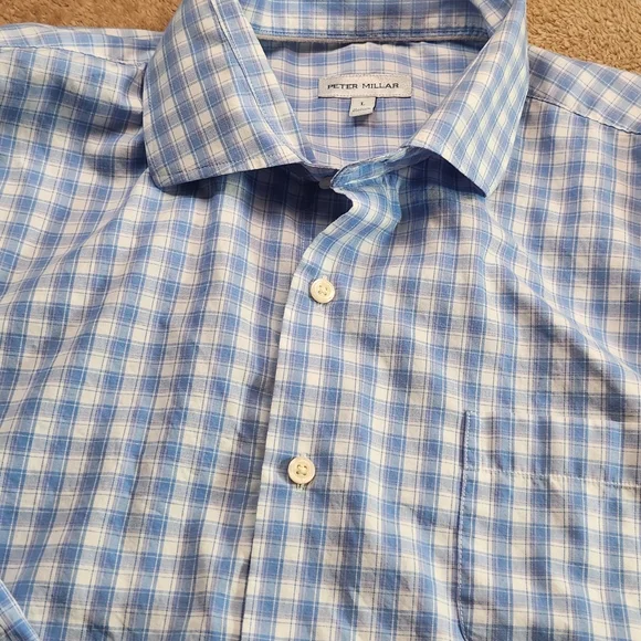 Peter Millar Light Blue and White Plaid Casuel Shirt Size L - Picture 4 of 13